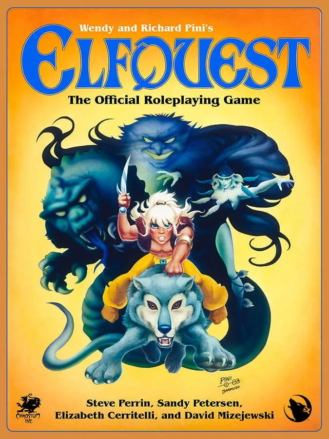 The cover of the ElfQuest roleplaying game box. At the top, the title "ElfQuest" is in large blue stylized letters, with the subtitle "The Official Roleplaying Game" beneath it in smaller black text. In the center, a blonde elf with pointed ears and a yellow outfit holds a dagger, standing on the back of a gray wolf with its mouth open. Behind them, a large blue panther-like creature looms, and a blue-skinned figure with long black hair and a white outfit is partially visible. The background is a gradient of yellow and orange. In the bottom right corner, the text "Pini 83" is visible.