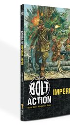 A book titled "Armies of Imperial Japan" from Warlord Games is prominently displayed, featuring a colorful cover illustration depicting Japanese soldiers in action, with a backdrop of explosions and military equipment. The book is positioned upright, showcasing its spine and cover, while a detailed 28mm miniature of a Japanese soldier is placed in the foreground, emphasizing the theme of the game. The text on the cover highlights the book's focus on World War II wargaming rules for the Imperial Japanese Army.