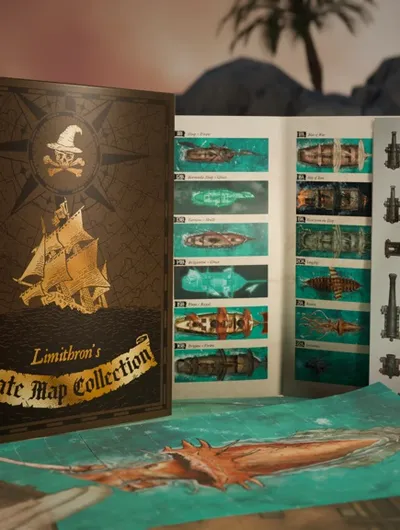 Open book titled "Limithron's Pirate Map Collection" with a gold-embossed pirate ship and compass rose on the cover. Pages display illustrated maps and ship diagrams. A sheet of black plastic ship and cannon pieces is laid out. A book titled "Pirate Encounters" is partially visible. A large map with a sea monster illustration is spread on a wooden surface. A palm tree and sunset background are blurred in the distance.