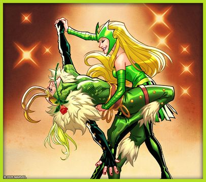 Enchantress and Loki are depicted in a playful dance, both wearing vibrant green costumes adorned with various details. Enchantress, with long blonde hair, is leading the dance, while Loki, with darker hair and a mischievous expression, is being twirled. The background features a warm, glowing effect with sparkling stars, enhancing the whimsical atmosphere of the scene.