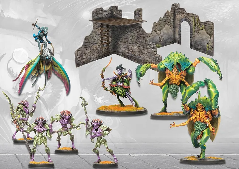 Miniature figures, stone ruins, and a flying insect-like rider.