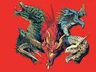 Four stylized dragons face off against each other in mid-air against a solid red background. The dragons vary in color: one is green with sharp, jagged frills along its neck and back; one is blue with a ridged spine and curved horns; one is red with a muscular, almost demonic appearance and glowing yellow-orange eyes; and one is beige with a bony, skeletal structure and pronounced teeth. Their mouths are open, revealing sharp fangs, and their wings are spread wide. No text or other objects are visible.