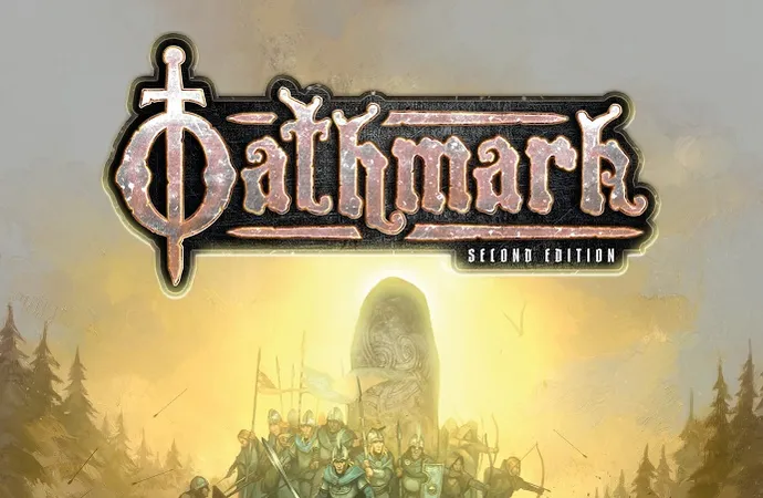 A group of armored warriors stands on a rocky outcrop, with some holding spears, swords, and shields. Below them, a larger crowd of soldiers in various armor and weapons gathers. In the background, a tall, glowing rune stone rises above the scene, set against a forest of tall pine trees under a hazy, golden light. At the top of the image, the text "Oathmark Second Edition" is prominently displayed in a stylized font.