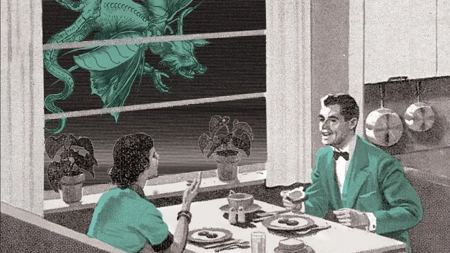A 1950s couple dining at a table with a large insect outside the window.