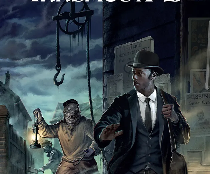 Man in suit and hat, zombie-like figure with lantern, dark street, "Call of Cthulhu Innsmouth" text.