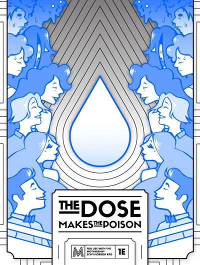 A stylized illustration with a repeating pattern of blue and white silhouettes of people with voluminous hair, arranged in a circular formation. In the center, there is a large, outlined teardrop shape. Below the teardrop, the text "THE DOSE" is visible, followed by "MAKES THE" in smaller font. The background features geometric, art deco-inspired patterns.