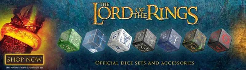 "The Lord of the Rings" title, three decorative dice with numbers 4, 6, 2, and 4.