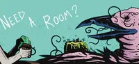 "Room?" with green background, a creature, and a yellow-green blob with antennae