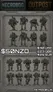 A collection of sci-fi miniatures is displayed, featuring two distinct groups: the CLUTCH units and the Necrotroopers. The top row showcases six detailed CLUTCH infantry models, equipped with various weapons and armor, while the bottom row presents eight Necrotrooper figures, characterized by their bulky, armored designs. The background is a textured gray, and pricing information is prominently displayed in bold text at the bottom.