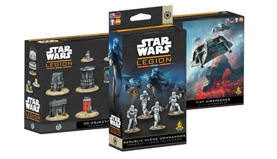 Three new Star Wars: Legion expansions are displayed, featuring distinct packaging for each. The foreground showcases the "Republic Clone Commandos" unit expansion, which includes four Clone army miniatures, while the background features the "T-47 Airspeeder" expansion, depicting the airspeeder in action. To the left, the "3D Objective Tokens" set is visible, highlighting various detailed tokens designed for gameplay.
