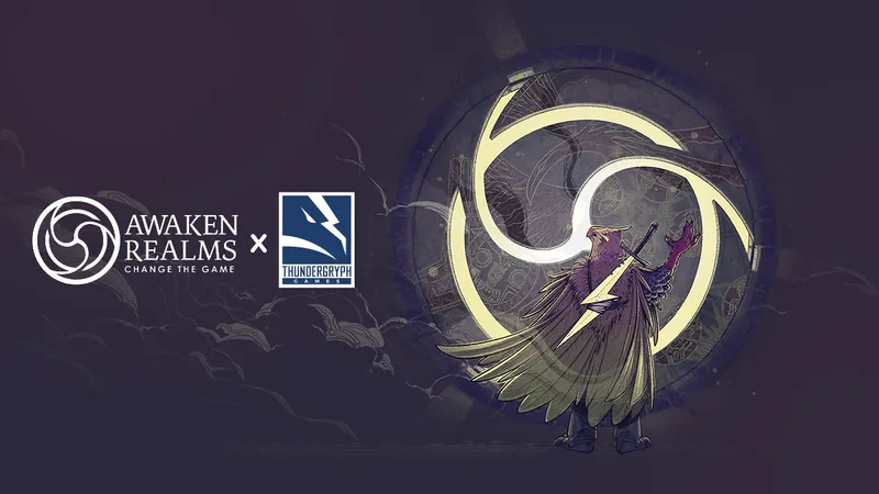 Dark-themed illustration featuring a stylized, large mechanical owl with glowing yellow eyes and intricate gears visible inside its head. The owl's wings are spread wide, displaying detailed feathers with a mix of gold and dark tones. The background shows a night sky with faint clouds and a crescent moon. In the top left corner, there is a logo for Thundergryph Games, which includes a stylized lightning bolt and the text "THUNDERGRYPH GAMES." To the left of the logo, partially visible text reads "AWAKEN REALMS x" in white capital letters.