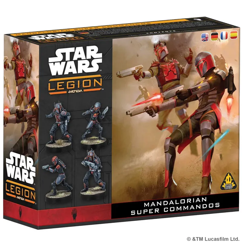 A box for the "Mandalorian Super Commandos" set from the Star Wars: Legion miniatures game features dynamic artwork of Mandalorian warriors in action. The box displays four miniatures, showcasing their distinctive armor with red and black accents, and includes two figures aiming blasters while two others are posed in combat stances. The background depicts a sandy battlefield, enhancing the theme of conflict and adventure in the Star Wars universe.