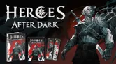 A bearded man with long white hair, wearing dark armor and a black glove, holds a sword over his shoulder. The background is dark with a red gradient. The text "HEROES AFTER DARK" is prominently displayed in large white letters with a stylized sun symbol replacing the "O" in "HEROES". Below, there are three smaller images: one showing a character in dark armor on a red background with the text "Heroes After Dark", and two vertical images depicting characters in dark and light tones.