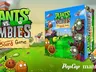 The image features the logo and box art for "Plants vs. Zombies: The Board Game." The logo is prominently displayed in bold green and red letters, with playful plant and zombie illustrations surrounding it. The box art showcases various iconic characters from the franchise, including a Peashooter and a zombie, set against a colorful garden backdrop. The branding includes the names "PopCap" and "Mantic" at the bottom.