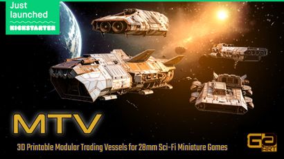 A collection of detailed, futuristic trading vessels is depicted against a cosmic backdrop featuring a planet and distant stars. The ships vary in design, showcasing angular shapes and intricate surface details, with a color palette of metallic grays and whites. The text "MTV" is prominently displayed, along with a tagline about printable modular trading vessels for 28mm sci-fi miniature games.