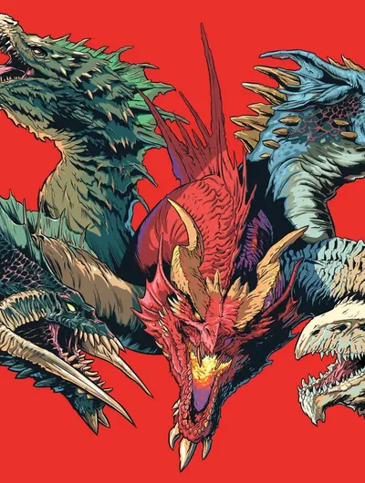 Four stylized dragons face off against each other in mid-air against a solid red background. The dragons vary in color: one is green with sharp, jagged frills along its neck and back; one is blue with a ridged spine and curved horns; one is red with a muscular, almost demonic appearance and glowing yellow-orange eyes; and one is beige with a bony, skeletal structure and pronounced teeth. Their mouths are open, revealing sharp fangs, and their wings are spread wide. No text or other objects are visible.