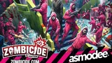 A chaotic scene featuring numerous figures in pink hooded jumpsuits and black masks, some holding weapons, in a colorful, multi-level setting with stairs and platforms. A central figure in a black hooded robe and mask stands prominently. The background includes text: "NETFLIX SQUID GAME Coming in 2026 THE GAME WILL NOT STOP". In the foreground, the text "ZOMBICIDE 2nd EDITION ZOMBICIDE.COM" and the logo "asmodee" are visible.