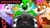Green and orange anthropomorphic animals and a masked figure with red eyes.
