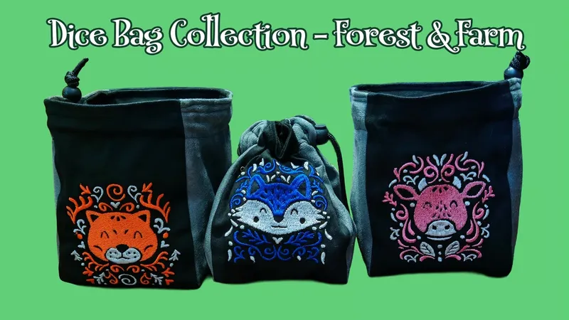 Three drawstring bags with embroidered fox, owl, and deer designs. Text: "Bag Collection - Forest &"