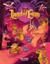 A colorful and whimsical illustration features a variety of fantastical creatures and characters from the Land of Eem tabletop roleplaying game. In the foreground, a cheerful gnome character is depicted running, flanked by small, blue creatures, while larger, more menacing figures loom in the background, including a horned monster and a serpent-like creature. The vibrant colors and playful design evoke a lighthearted fantasy atmosphere, with the title "Land of Eem: Bestiary Volume One" prominently displayed at the bottom.