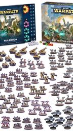 A large collection of 10mm-scale miniatures and game components for the Epic Warpath Battle for Phrovox starter set is displayed. The set includes a rulebook, tokens, and dice, alongside 440 plastic miniatures representing two armies: the Earth’s Enforcers and the Plague. Various types of miniatures are arranged, including infantry, vehicles, and command units, showcasing a diverse array of sci-fi designs and colors.