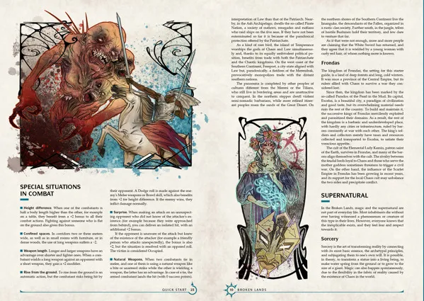 A page from the quickstart rules for "Broken Lands: Adventures between Law and Chaos" features two distinct illustrations. On the left, a chaotic scene depicts a fierce battle between a monstrous creature and a warrior, showcasing dynamic poses and vivid colors. On the right, a more serene figure is illustrated, adorned in elaborate clothing, surrounded by mystical symbols, hinting at the supernatural elements of the game. Text sections provide information on combat situations and the game's setting, enhancing the dark fantasy theme.