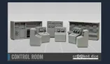 A collection of six sci-fi control room pieces is displayed, featuring various consoles and control panels in a light gray resin. The set includes a large back wall unit with multiple screens and dials, several smaller consoles with buttons and levers, and a few standalone control stations. The pieces are arranged on a grid-like surface, emphasizing their design for tabletop gaming and miniature setups.