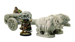 A Razorback Chariot is prominently displayed, featuring a detailed chariot design pulled by two Razorbacks. The chariot is crewed by a charioteer, who is depicted in a dynamic pose, alongside a warrior figure. The overall color scheme is a mix of muted tones, emphasizing the chariot's rugged and battle-ready appearance.