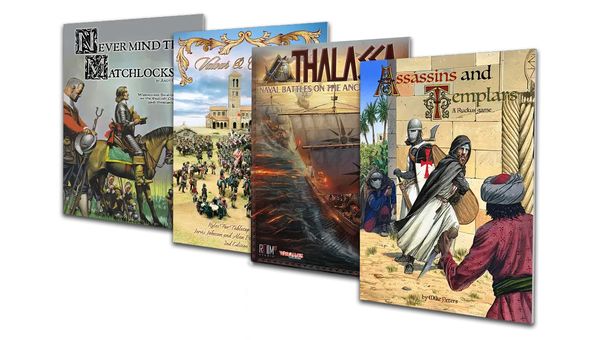 A collection of four wargaming rule booklets is displayed, showcasing their colorful covers. From left to right, the titles include "Never Mind the Matchlocks," featuring a knight and soldiers, "Valour & Fortitude," depicting a large battle scene, "Thalassa," illustrating an ancient naval battle with a ship, and "Assassins and Templars," which features characters in a historical setting. Each booklet is designed to cater to different gaming themes, from the English Civil War to Napoleonic battles and ancient naval warfare.