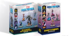 Two character packs for Marvel: Crisis Protocol are displayed side by side. On the left, the "Iron Lad, Iron Monger, Kang the Conqueror & Rescue" pack features a dark box with images of the characters, including a menacing Iron Monger and a sleek Iron Lad. On the right, the "Xavier’s Students Affiliation Pack" showcases a lighter box with illustrations of mutant heroes like Colossus and Nightcrawler, each depicted in dynamic poses. Both packs highlight the miniatures prominently, emphasizing their detailed designs.
