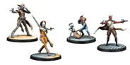 A trio of detailed miniatures from the Star Wars universe features Cad Bane, a tall figure in a long coat and wide-brimmed hat, holding a blaster in one hand. Beside him, Aurra Sing stands confidently, aiming her weapon with a determined expression, dressed in an orange outfit. On the right, a small droid, Todo 360, is depicted in a dynamic pose, showcasing its mechanical features. The bases of the miniatures are designed with a rocky terrain effect, enhancing their presence.