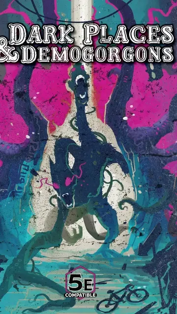 Dark Places & Demogorgons text over colorful graffiti and a shadowy figure.