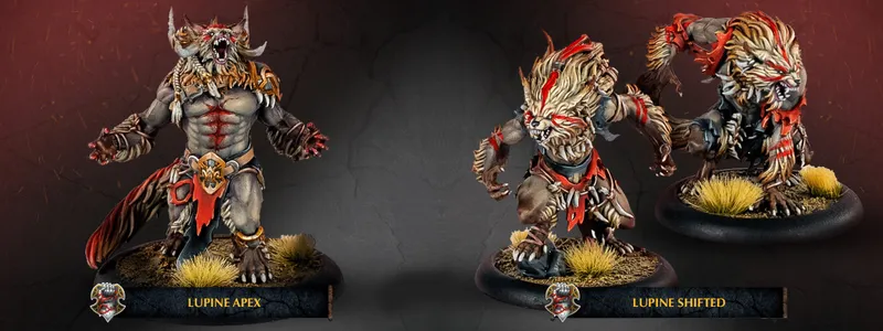 Two Lupine Shifted werewolves are depicted in the image, showcasing their fierce and muscular forms. Each werewolf has a distinctive fur pattern, with shades of brown and cream, accented by red markings on their faces and bodies. They stand on textured bases adorned with tufts of grass, emphasizing their wild nature and connection to the Old Umbrey region.
