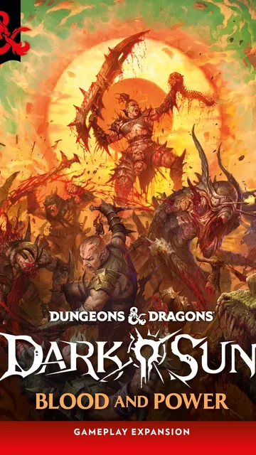Fantasy battle scene with warriors, monsters, and text "Dungeons & Dragons Dark Sun Blood and Power"