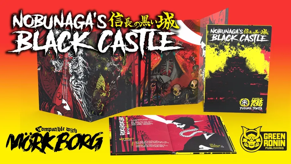 "NOBUNAGA'S BLACK CASTLE" book covers, open book with text and illustrations, yellow background.