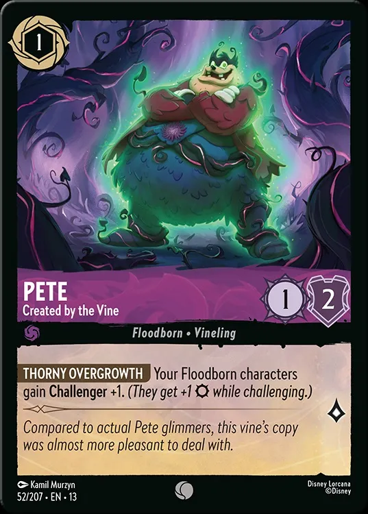 Pete, a green vine creature with a flower on its head, against a dark, swirling background. Text: "PETE Created by the Vine Floodborn • Vineling".