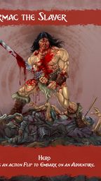 The image features a muscular barbarian character named Cormac the Slayer, standing triumphantly over a pile of defeated foes. He wields a large, bloodied sword, and his body is splattered with red, suggesting a recent battle. Cormac has long, dark hair and a fierce expression, embodying a classic fantasy warrior aesthetic. The background is a muted gradient, enhancing the focus on the character, while the title "Cormac the Slayer" is prominently displayed at the top in bold, stylized lettering. The overall artwork pays homage to the golden age of fantasy illustration, capturing a sense of violence and heroism.