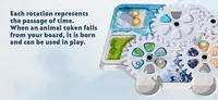 A light blue background with black text reading: "Each rotation represents the passage of time. When an animal token falls from your board, it is born and can be used in play." A partially visible white game piece with green Arctic-themed graphics.
