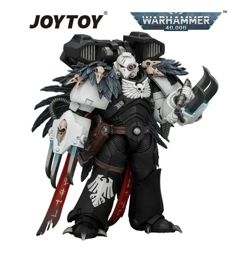 A stylized action figure of a futuristic armored warrior with a white helmet featuring red eyes, black armor, and a flowing black cape with skull and wing motifs. The figure holds a large curved blade in its right hand and a pistol in its left. The armor has detailed sculpting, including a belt with a skull emblem and red cloth strips hanging from the legs. The background is white. In the top left corner, the text "JOYTOY" is visible. In the top right corner, the text "WARHAMMER 40,000" is displayed with a stylized logo.