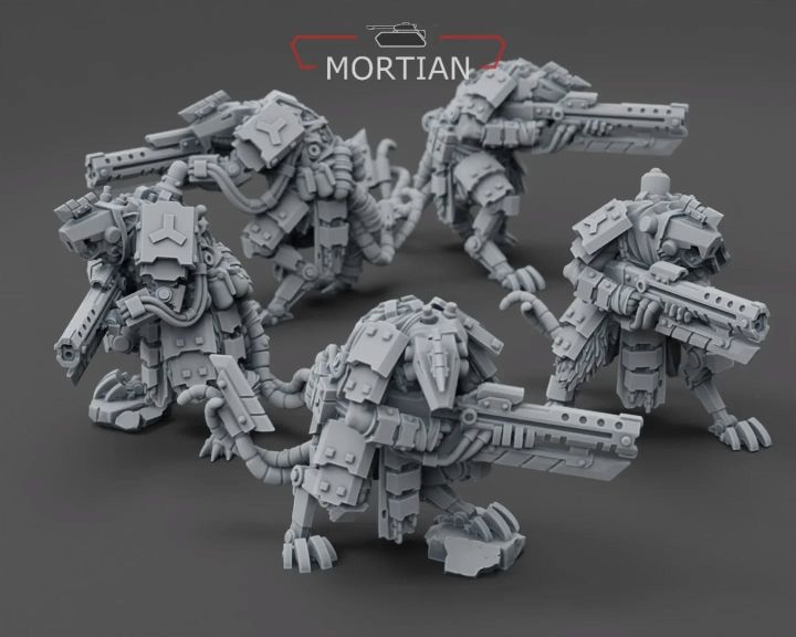 A group of five armored cyberrats is displayed, showcasing intricate details in their design. Each rat is equipped with distinctive rifles, featuring both long and short barrels, and is adorned with various mechanical components and armor plating. The models are presented in a gray, unpainted finish, highlighting their sci-fi aesthetic and the craftsmanship involved in their sculpting.
