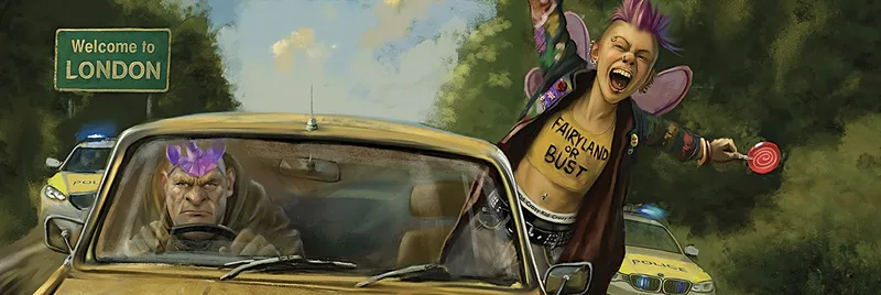 Yellow car with a person wearing a "FAIRYLAND OR BUST" vest.