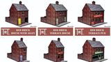 A collection of six 28mm scale MDF buildings is displayed, featuring a red brick design. The buildings include a "Red Brick House with Alley," "Red Brick Terrace House," "Red Brick Terrace Pub," "Small Red Brick Terrace House," "Small Red Brick Terrace Shop," and "Red Brick Terrace Store." Each building showcases distinct features, such as varying door colors and signage options, suitable for various historical genres.