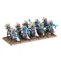 A group of eight high-elf miniatures stands in formation, each adorned in intricate armor featuring green and silver details. They have long, flowing blonde hair and wield weapons with blue accents, showcasing a mix of swords and magical elements. The bases are textured with grass and small rocks, enhancing the fantasy aesthetic of the models.