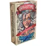 A box for the card game "Guillotine," featuring a stylized illustration of a woman with exaggerated facial features, wide eyes, and a shocked expression. She has curly gray hair adorned with a decorative headpiece and is wearing a blue bow and pearls. The box design includes a banner at the top with the game's title and a red ribbon across the middle stating, "THE REVOLUTIONARY CARD GAME WHERE YOU WIN BY GETTING AHEAD." The overall color scheme is light and playful, reflecting the game's humorous take on the French Revolution theme.