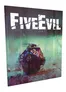 A close-up of the cover of "FiveEvil," featuring a dark and moody design. The title "FIVE EVIL" is prominently displayed in a distressed, bold font at the top. Below, a 20-sided die, partially obscured by a fly, sits on a textured surface, with a gradient background transitioning from dark to light shades of green and blue, enhancing the eerie atmosphere.