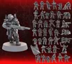 A prominent sci-fi miniature stands in the foreground, holding a large weapon and wearing detailed armor with spikes and a mask. Surrounding this central figure are numerous smaller miniatures, showcasing a variety of poses and weaponry, all rendered in a gray, unpainted finish. The background features a dark, textured design with a striking red gradient, enhancing the grimdark aesthetic of the collection.