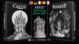 The image features promotional artwork for two tabletop games: "Escape the Dark Castle" Second Edition on the left, showcasing a detailed black-and-white illustration of a gothic castle against a full moon. In the center, a three-dimensional miniature of the Dark Castle is displayed, highlighting its intricate design. On the right, the title "Escape the Dark Forest" is presented with a dark, ominous illustration, suggesting a foreboding atmosphere. The text "FREE! Dark Castle Backer Gift!" is prominently featured, along with icons representing different languages at the top.