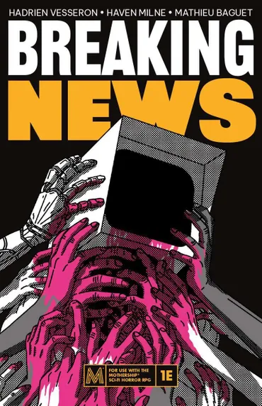 Pink skeletal hands holding a black tablet with text "FOR USE WITH THE MOTHERSHIP SCI-FI HORROR RPG 1E"