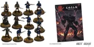 A collection of miniatures features a mix of Victorian police officers and Ned Kelly's gang of bandits. The figures are intricately detailed, with some wearing bucket helmets and others in traditional blue police uniforms, all standing on circular bases adorned with tufts of grass. The arrangement showcases various poses, including some holding rifles and others with pistols, highlighting the historical theme of the set.