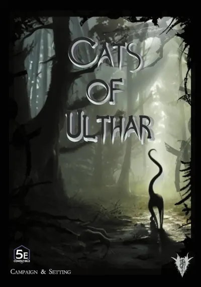 "Cats of Ulthar" text, dark forest, black cat silhouette, "5E Compatible Campaign & Setting" text.